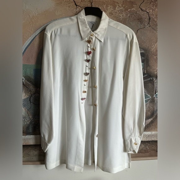 Times Seven Todd Oldham Vintage Button Embellished White Button-down Shirt - Picture 1 of 16